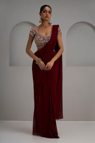 Maisolos Net Embroidered Blouse With Pre-Stitched Saree 