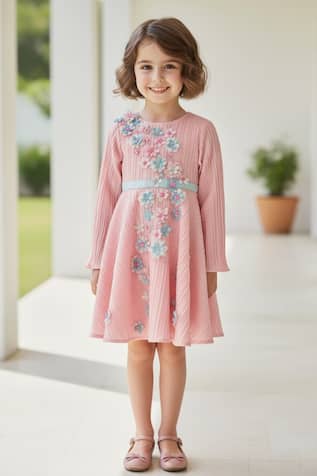 A Little Fable Floral Applique Pleated Dress  