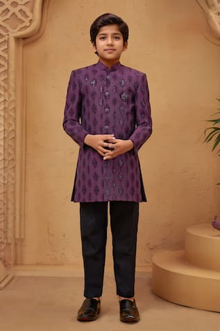 Petite Pomme Wine Malai Silk Sherwani with White Pant 