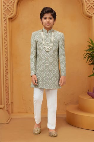 Petite Pomme Pista Green Sherwani & White Pant Set 