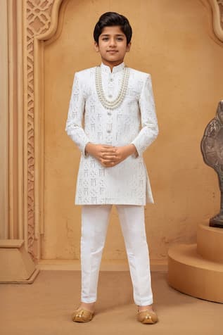 Petite Pomme White Malai Silk Sherwani & Pant Set 