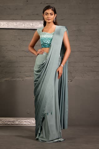 One Knot One By Ashna Ombre Embroidered Blouse With Pre-Draped Saree 