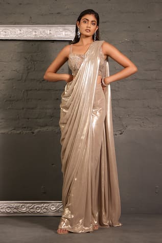 One Knot One By Ashna Embroidered Blouse With Metallic Pre-Draped Saree 