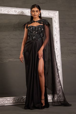 One Knot One By Ashna Hand Embroidered Corset Gown With Cape 