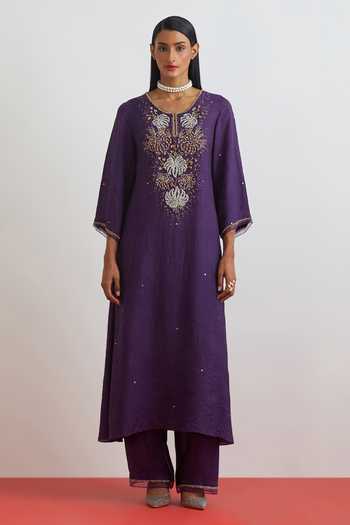 One Not Two Crushed Silk Floral Embroidered Kurta Set 