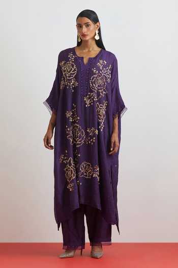 One Not Two Crushed Silk Embroidered Kaftan & Pant Set 