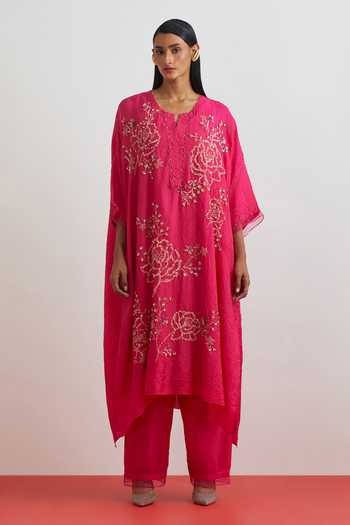 One Not Two Crushed Silk Embroidered Roses Kaftan Set 