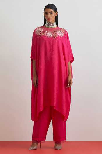 One Not Two Crushed Silk Floral Embroidered Kaftan & Pant Set 