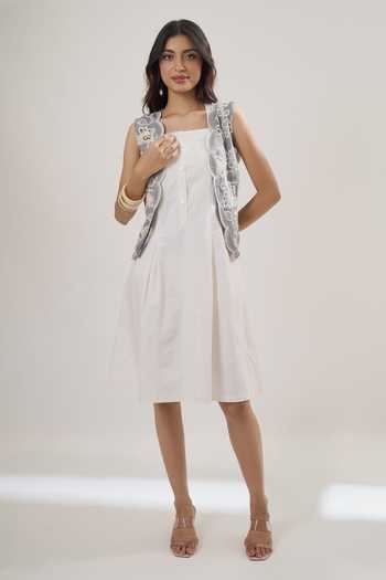 Elarra By Pratyancha Crochet Waistcoat & Midi Dress Set 