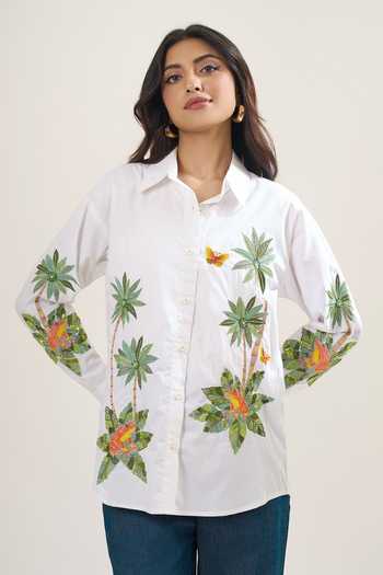 Elarra By Pratyancha Poplin Palm Tree & Butterfly Embroidered Shirt 