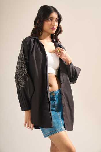 Elarra By Pratyancha Poplin Puff Sleeve Cutdana Work Shirt 