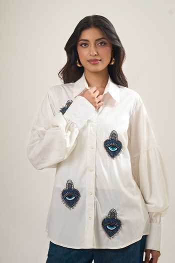 Elarra By Pratyancha Poplin Evil Eye Heart Embroidered Shirt 