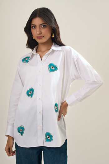 Elarra By Pratyancha Poplin Royal Mini Heart Embellished Shirt 