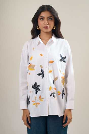 Elarra By Pratyancha Autumn Leaf Embroidered Poplin Shirt 