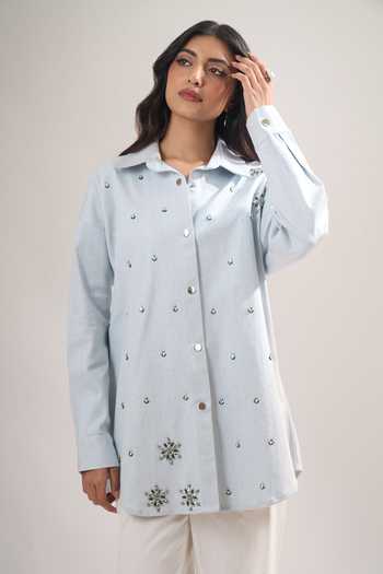 Elarra By Pratyancha Denim Embellished Button-Down Shirt 