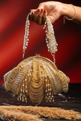 Nayaab By Sonia Briller Scallop Beaded Clutch 