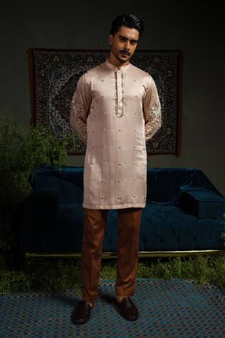 Runit Gupta Peach Palm Embroidered Kurta Set 