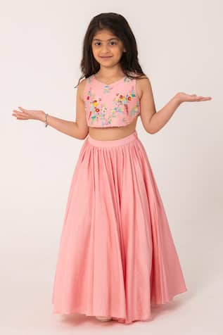 Partykles Parrot Embroidered Chanderi Top & Skirt Set 