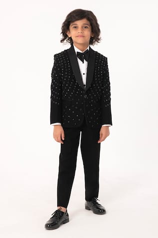 Partykles Embroidered Tuxedo Coat Pant Shirt & Bowtie Set 