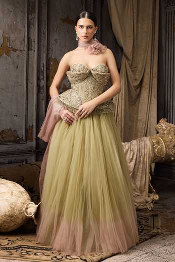 Rocky Star Embellished Corset Blouse & Ombre Tulle Lehenga Set 