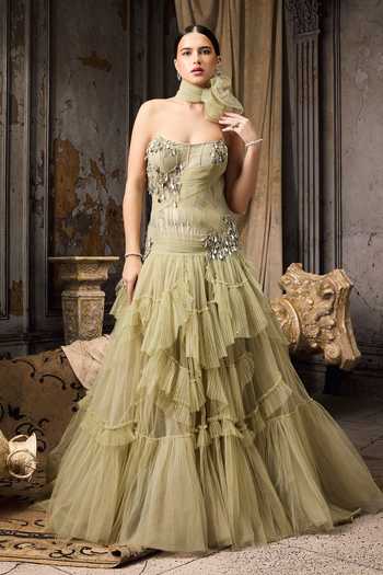 Rocky Star Hand Embroidered Tiered Gown With Scarf 