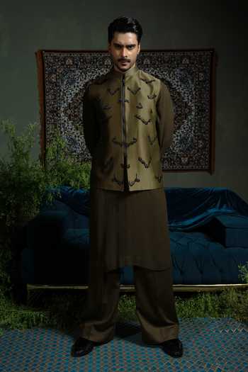 Runit Gupta Olive Zipper Bundi Set 