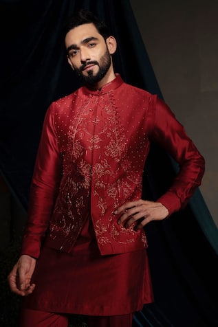 Runit Gupta Deep Blood Chanderi Silk Nehru Jacket 