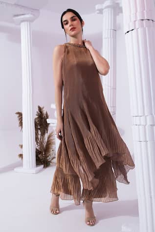 Preeti Mehta Metallic Chestnut High Neck Kurta Set 