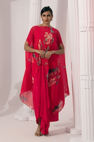 Preeti Mehta Wildflower Muse Cherry Red Kaftan & Dhoti Skirt Set 