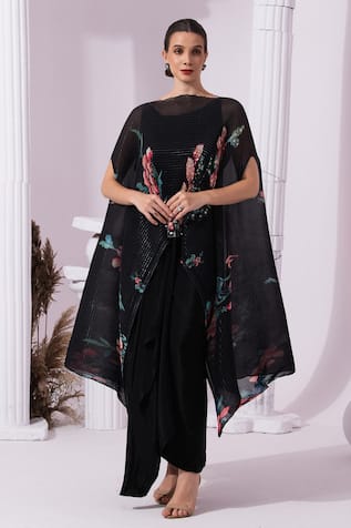 Preeti Mehta Wildflower Muse Jet Black Kaftan & Dhoti Skirt Set 
