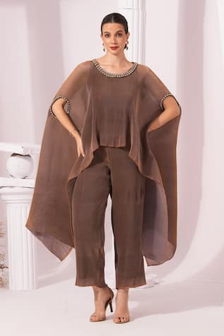 Preeti Mehta Metallic Chestnut Kaftan & Pant Set 