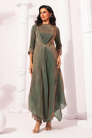 Preeti Mehta Metallic Moss Green Draped Kurta & Pant Set 