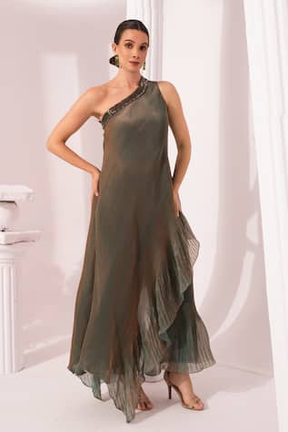Preeti Mehta Metallic Moss Green One Shoulder Dress 