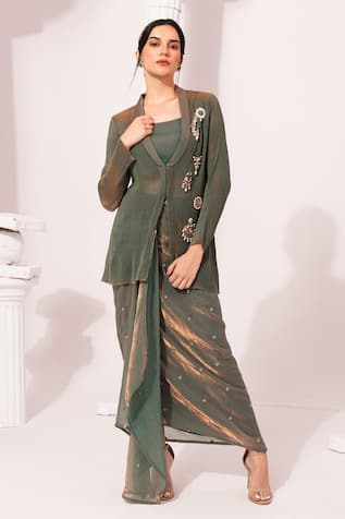 Preeti Mehta Metallic Moss Green Regal Jacket Skirt Set 