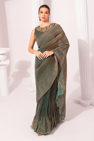 Preeti Mehta Metallic Moss Green Pre-Draped Saree With Blouse 