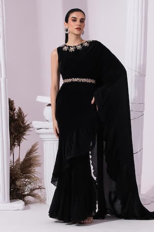 Preeti Mehta Metallic Jet Black Pre-Draped Saree With Blouse 