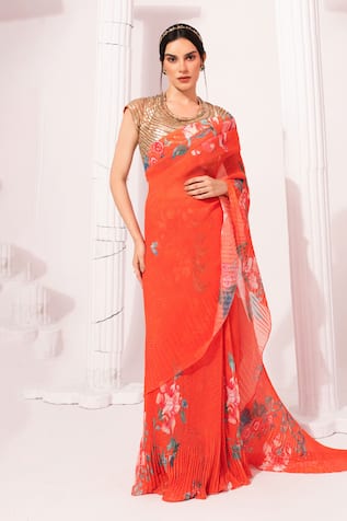 Preeti Mehta Wildflower Muse Orangey Red Pre-Draped Saree With Blouse 