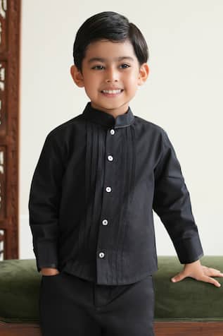 Tiber Taber Pintuck Detail Band Collar Shirt 