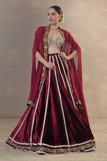 RICHA AHLUWALIA Zardozi Embroidered Velvet Lehenga Blouse & Cape 