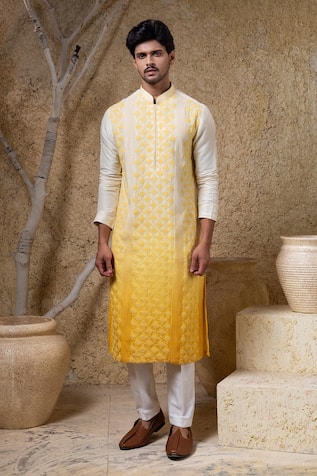 Darshika Menswear Ombre Yellow Embroidered Kurta Set 