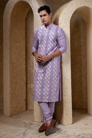 Darshika Menswear Purple Embroidered Kurta Set 