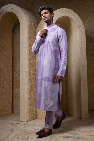 Darshika Menswear Purple Geometric Embroidered Kurta Set 
