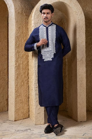 Darshika Menswear Navy Embroidered Kurta Set 