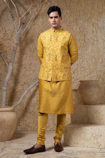 Darshika Menswear Mustard Embroidered Bundi & Kurta Set 