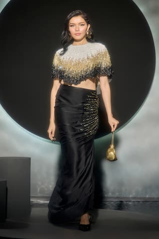 Couture By Niharika Blaze Ombre Hand Embroidered Cape & Skirt Set 