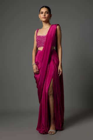 Krishna Padia Pre-Draped Saree With Embroidered Blouse 