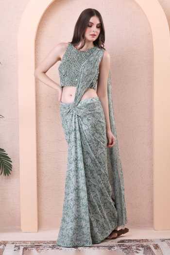 Isha Regalia Printed Pre-Draped Saree With Embroidered Blouse 