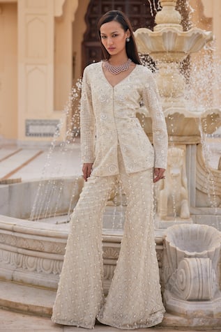 Charu And Vasundhara Kourtney Embroidered Jacket & Flared Pant Set 