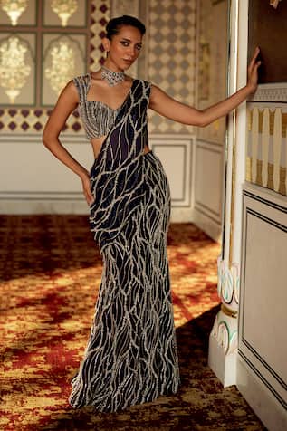 Charu And Vasundhara Keena Embellished Organza Pre-Draped Saree With Blouse 