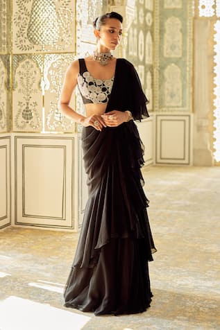 Charu And Vasundhara Kinsley Ruffle Pre-Draped Saree With Blouse 